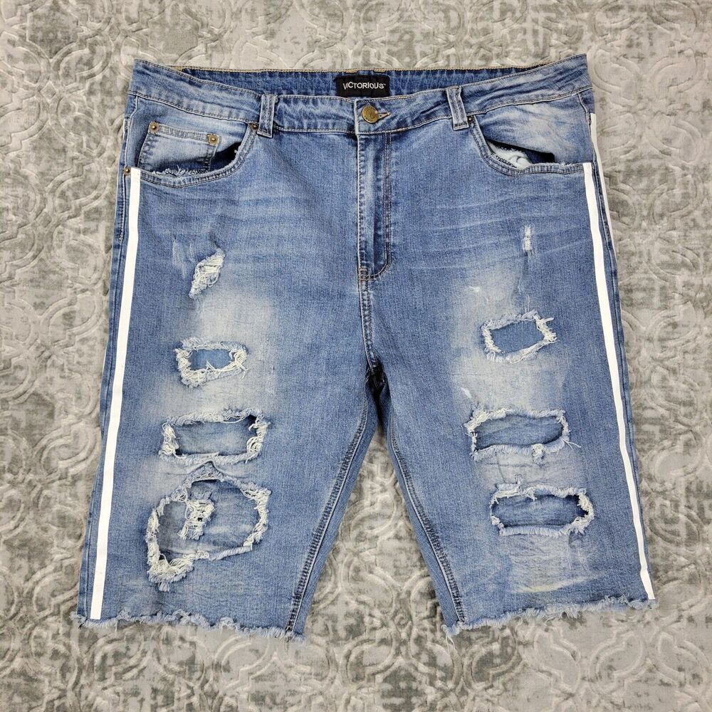Victorious Shorts Mens Size 40 Blue Denim Side Stripe Bermuda Baggy Cut Off